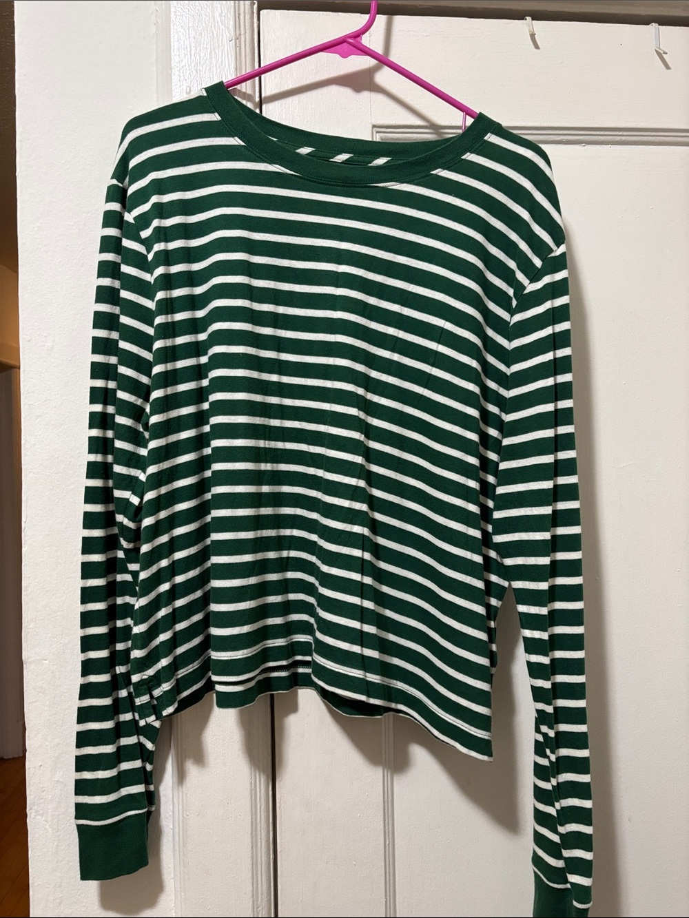 Jcrew Women's Green and White Striped Long-Sleeve Tee Cropped Natural Waist Line